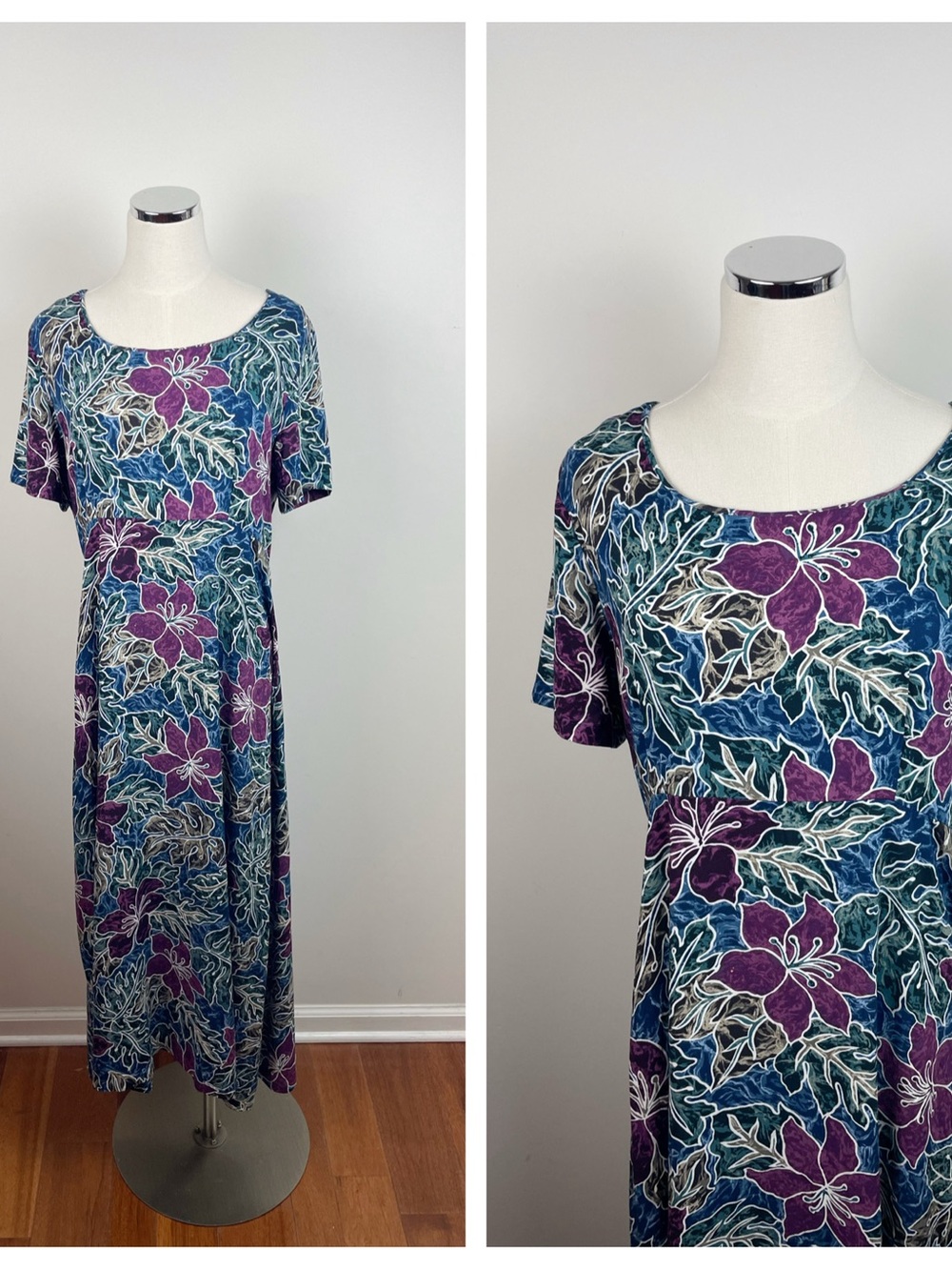 The Hawaiian Original Hilo Hattie Blue Green Purple Tropical Floral Maxi Dress